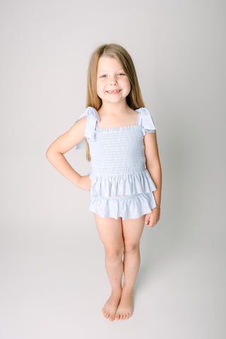 Bow Lattice Smocked Shoulder Tie Swimsuit Two piece