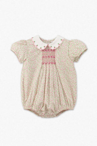 Puff Sleeve Tan Floral Smocked Baby Girl Bubble Romper