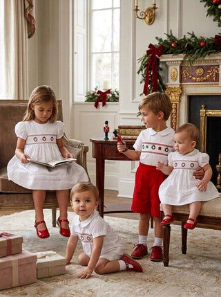 Smocked Christmas Decor Red Corduroy Boy Bobby Suit