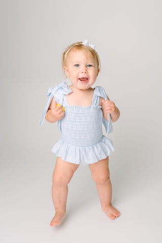 Bow Lattice Smocked Shoulder Tie Swimsuit One Piece