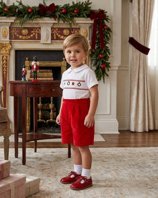 Smocked Christmas Decor Red Corduroy Boy Bobby Suit