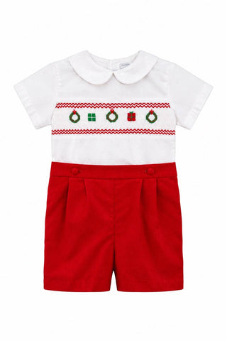 Smocked Christmas Decor Red Corduroy Boy Bobby Suit