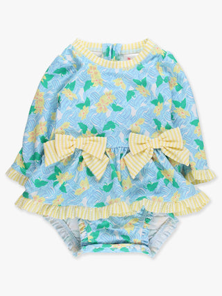 Baby Girls Blooming Basket Long Sleeve One Piece Bow Peplum Rash Guard Swimsuit with Signature Rear Ruffles