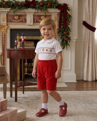 Smocked Christmas Decor Red Corduroy Boy Bobby Suit