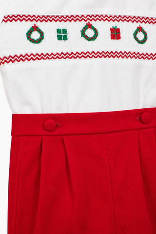 Smocked Christmas Decor Red Corduroy Boy Bobby Suit