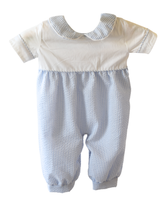 Blue Seersucker Long Romper | Little Harts