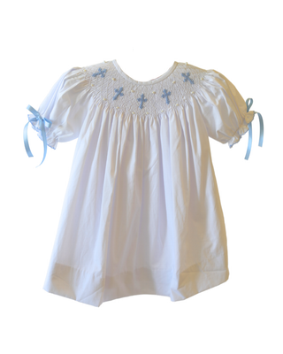 Cross Embroidered Bishop Gown in pale blue | Little Harts