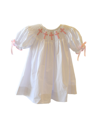 Cross Embroidered Bishop Gown in pale pink | Little Harts