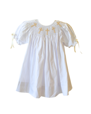 Cross Embroidered Bishop Gown in pale yellow | Little Harts