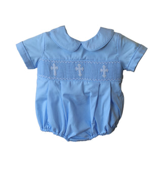 Cross Smocked Bubble in blue | Little Harts