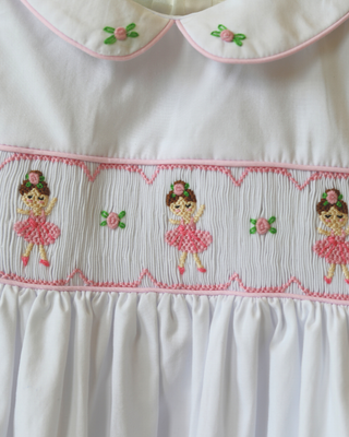 White Tiny Dancer Smocked Bow Dress embroidery details | Little Harts