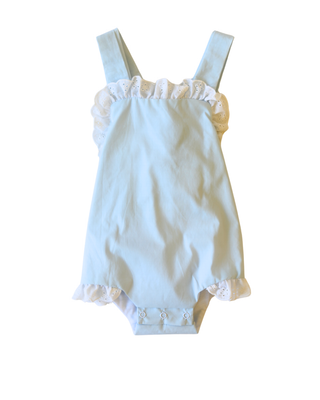 Front of Lace Sunsuit Bubble in Blue | Little Harts