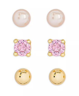 Girls Freshwater Pearl & Pink CZ 3 Pairs Studs Set in 18k Gold over Sterling Silver