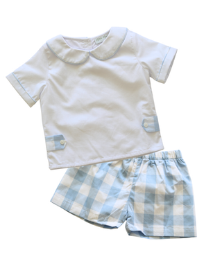 Gingham Button-Tab Short Set in Blue | Little Harts