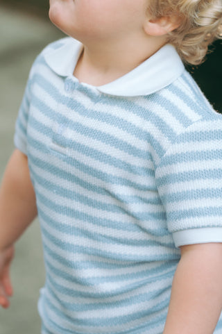Toddler wearing unisex blue and white striped knit short set with collar, part of the Hollis Stripe Short Set by Little Harts.