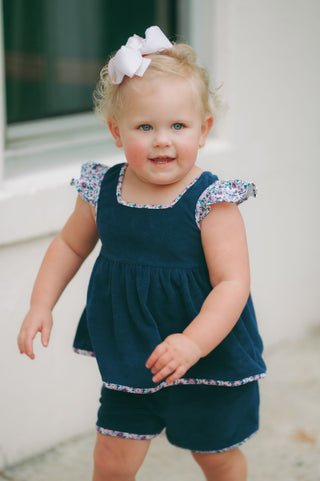 Girls short set with flutter-sleeve swing top and matching shorts, designed to coordinate with the Margot Bubble.