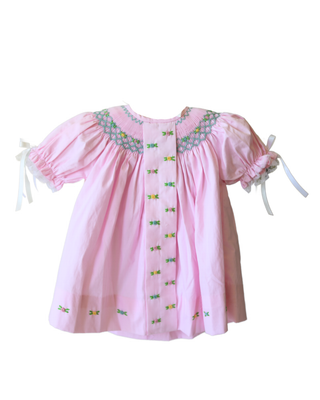 Rosette Smocked Puff Sleeve Gown in pink | Little Harts