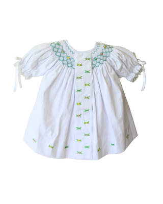 Rosette Smocked Puff Sleeve Gown in white | Little Harts