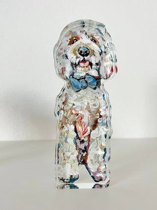 "Golden Doodle blue bow" acrylic WHOLESALE: Small