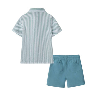 Buttondown And Linen Shorts Set | Teal Stripe